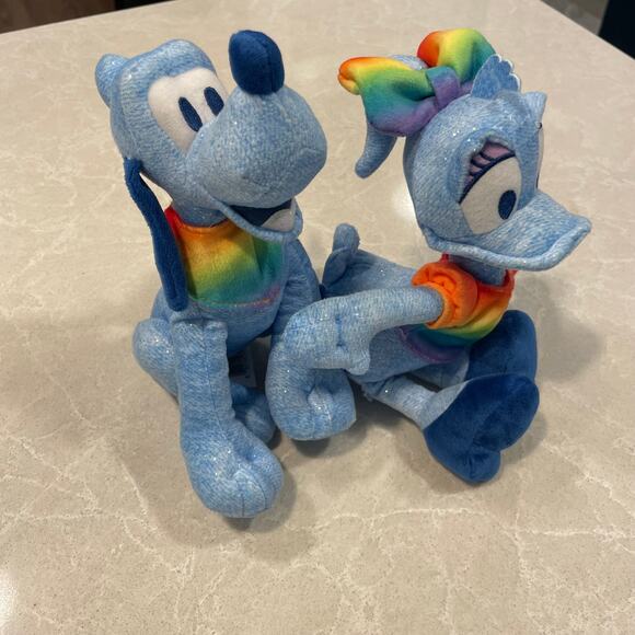 Disney New LOT OF 2 plush Pluto and Daisy rainbow scarf rainbow top bow pride - Picture 1 of 11
